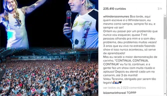 Postagem do humorista Whindersson Nunes em sua conta no Instagram