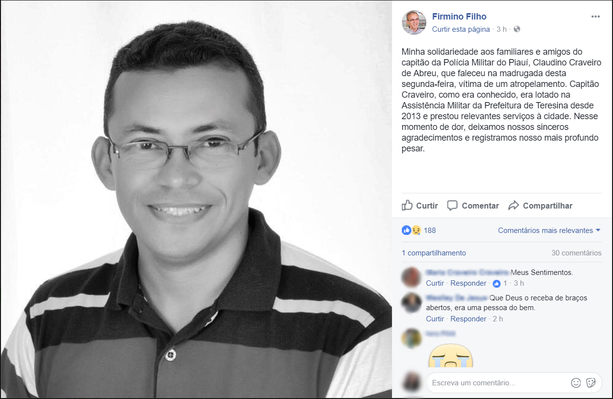 Publicação do Prefeito Firmino filho em rede social.