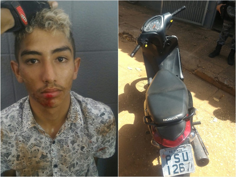 Adolescente Vitor Manoel e motocicleta recuperada pela polícia