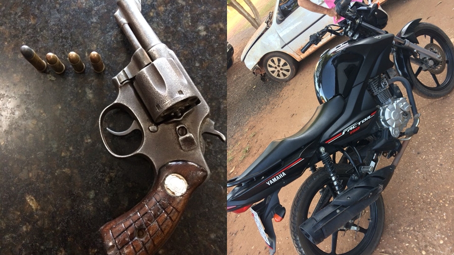 O suspeito foi flagrado com uma arma de fogo calibre 32 e uma motocicleta roubada