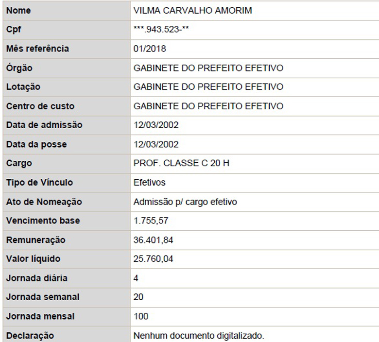 Contracheque da prefeita Vilma Amorim
