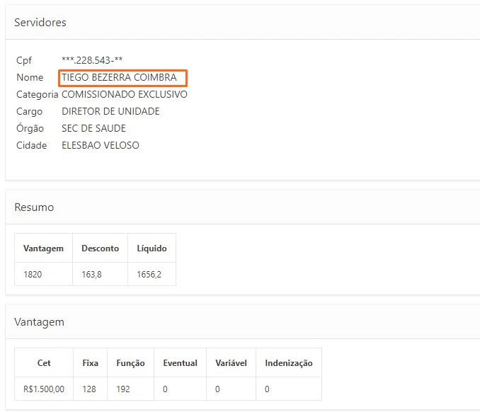 Tiego Coimbra ocupa cargo comissionado exclusivo.