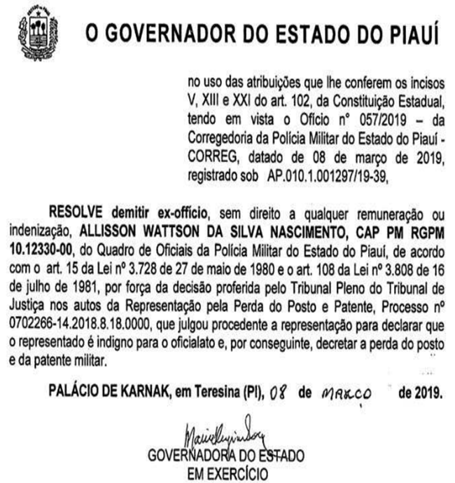 O decreto de exoneração de Allisson Wattson foi publicado nesta segunda-feira (11).