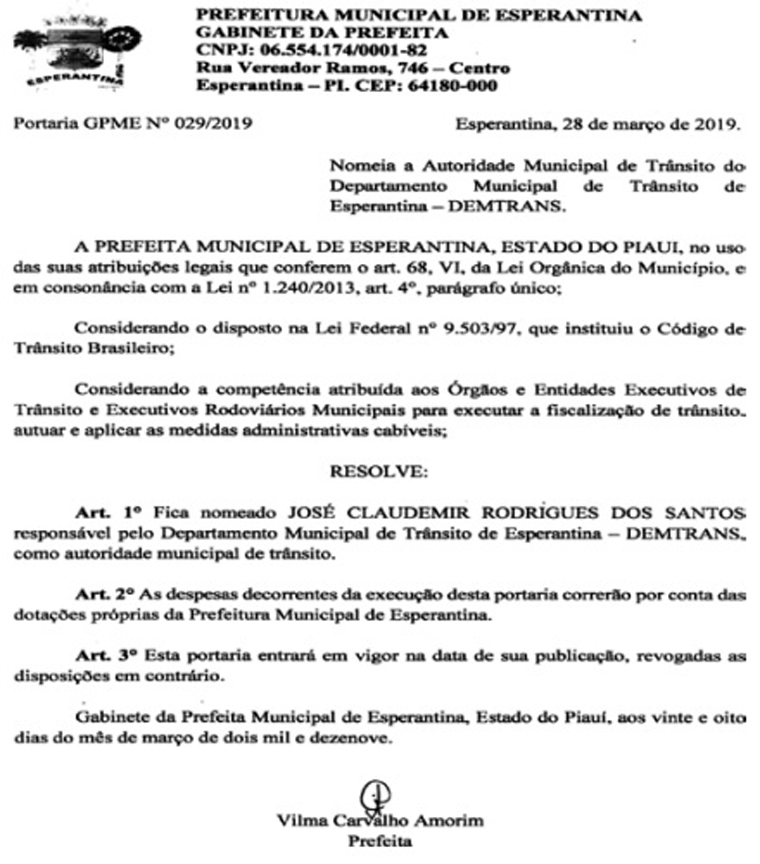 Portaria com nomeação do marido da prefeita Vilma Amorim.