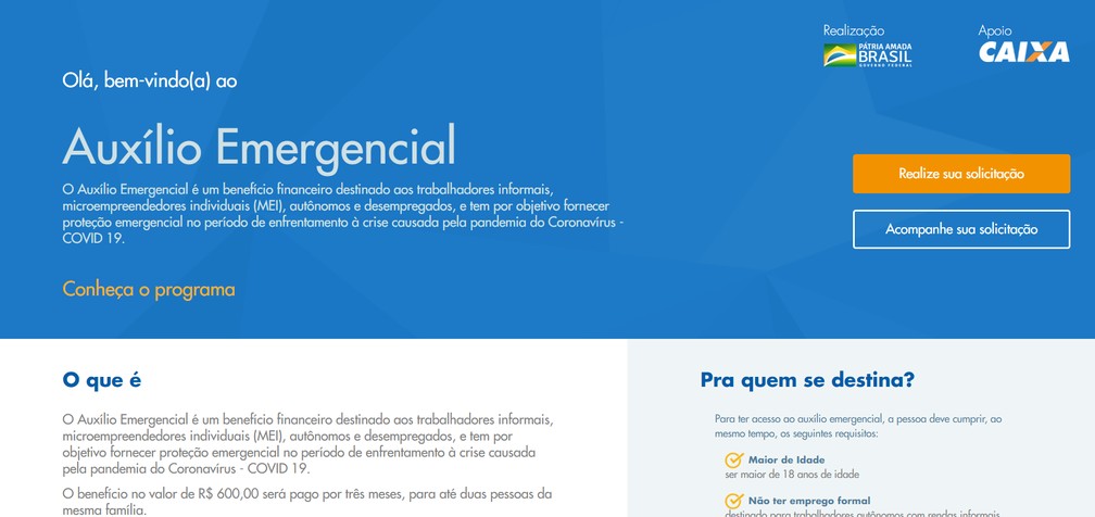 Site para a realização do cadastro do auxílio emergencial