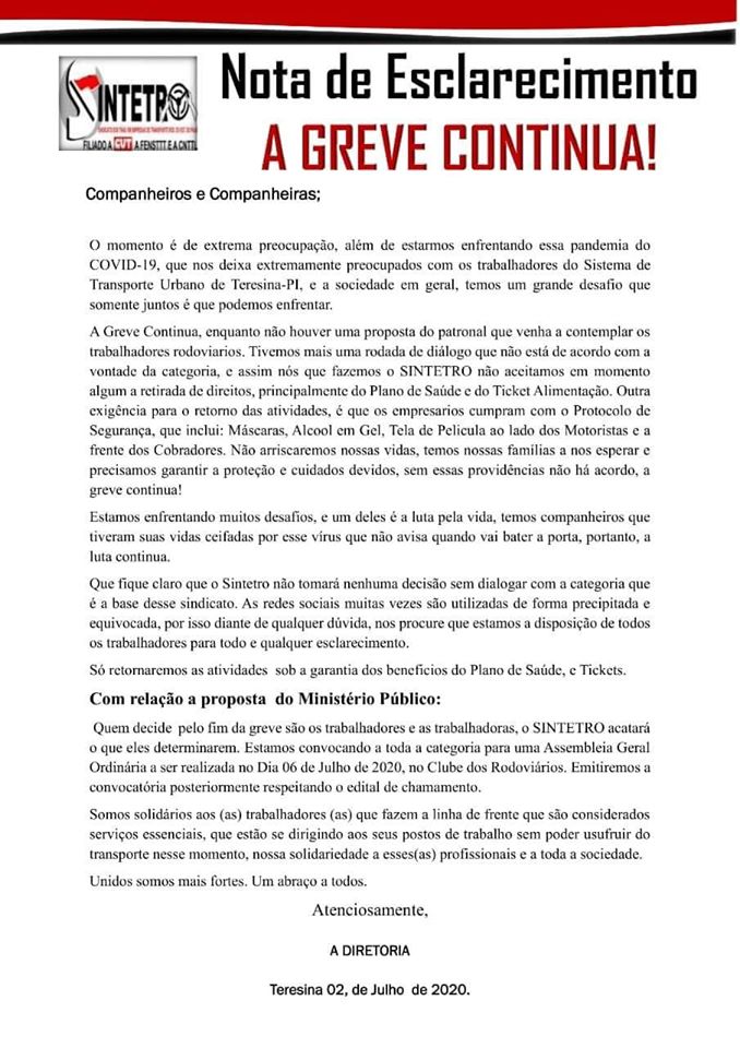 Comunicado divulgado pelo Sintetro.