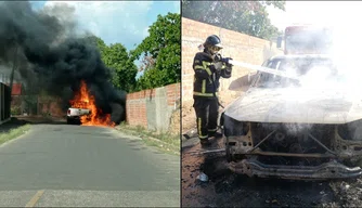 Caminhonete pega fogo em rua do bairro Pedra Mole.