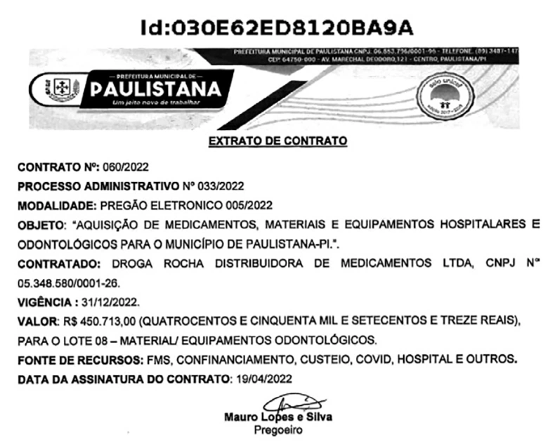 Extrato de contrato com empresa Droga Rocha.