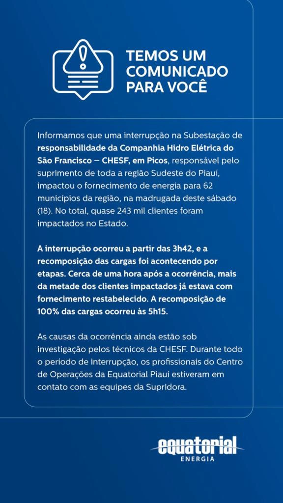 Apagão na madrugada atinge 62 municípios no Piauí