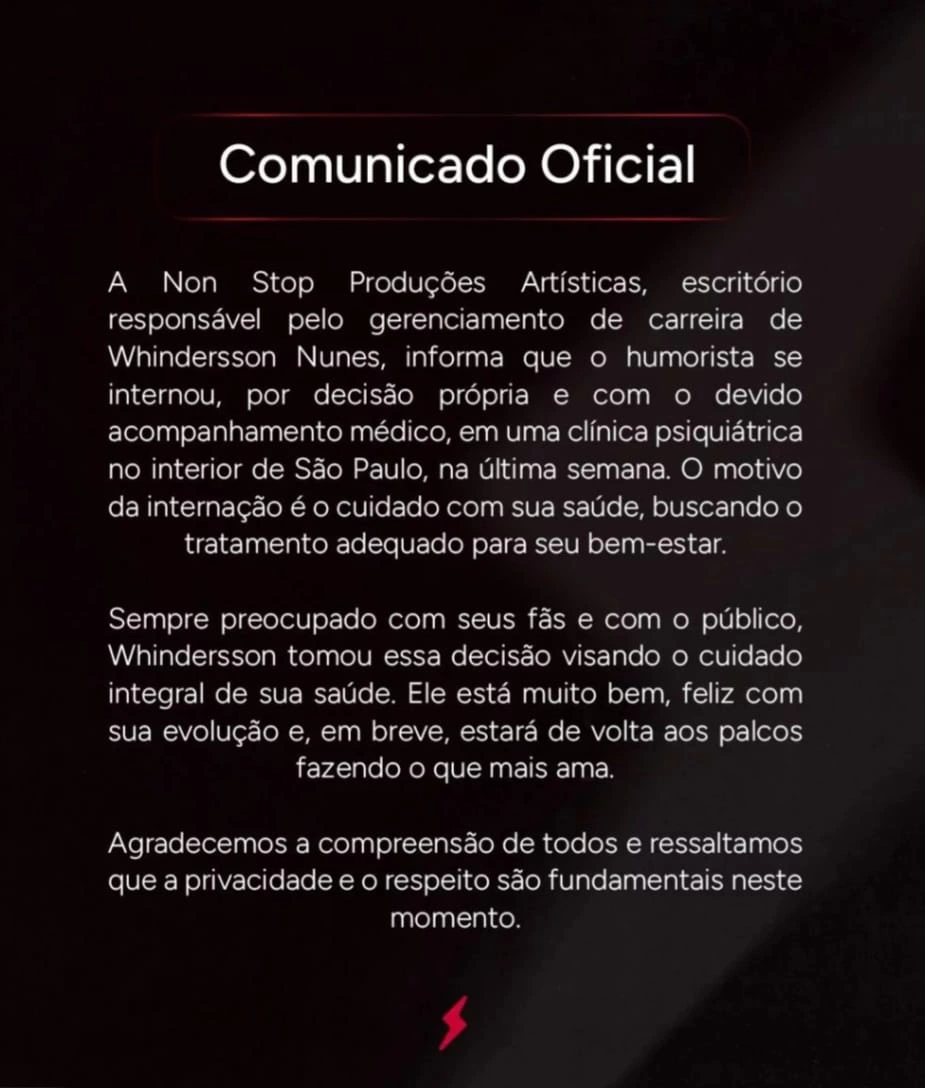 Nota publicada nas redes sociais