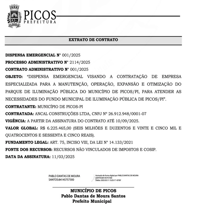 Extrato do contrato de Picos