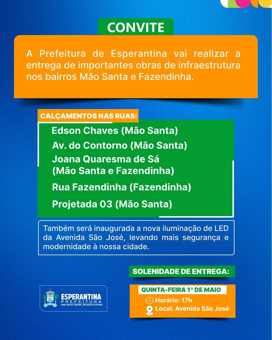 Prefeitura de Esperantina irá entregar novas obras de infraestrutura e iluminação em LED