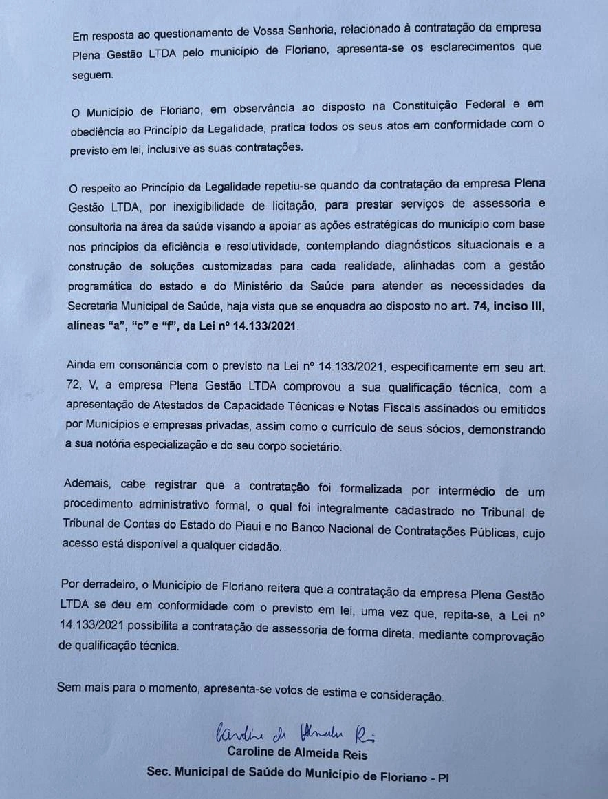 Esclarecimento da Prefeitura de Floriano