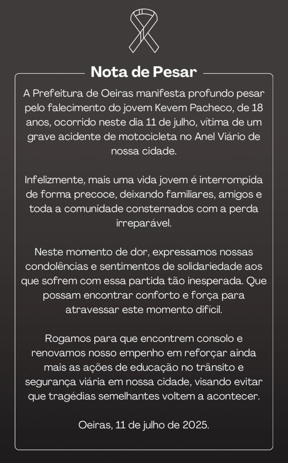 Nota de pesar da Prefeitura de Oeiras