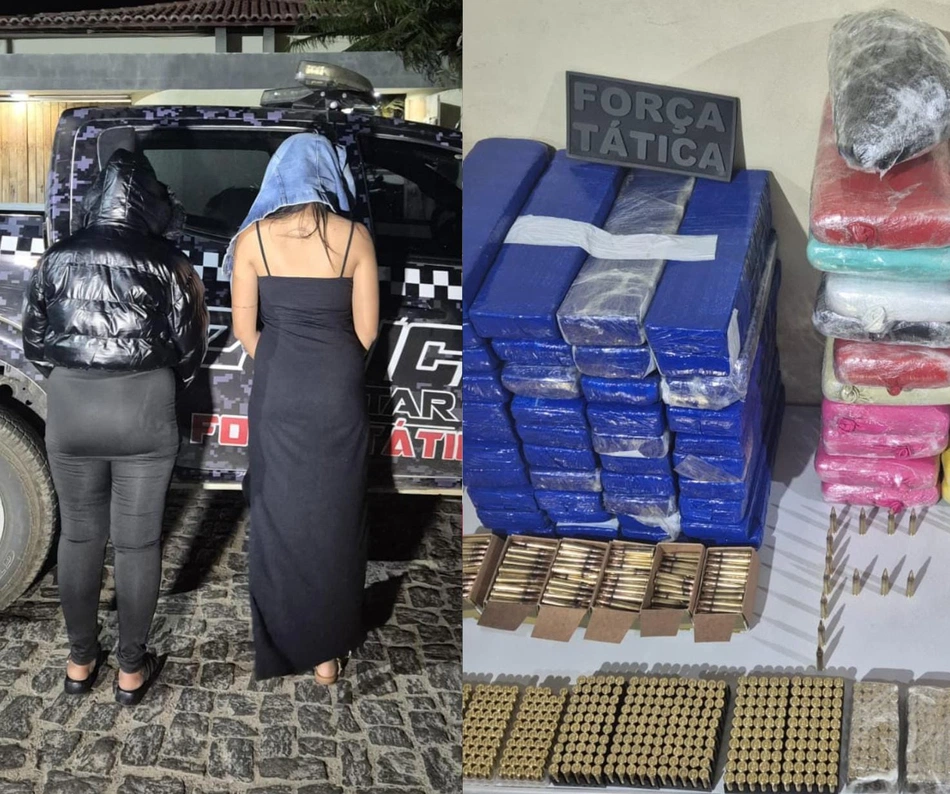 Duas mulheres foram presas em flagrante com munições e 62 quilos de drogas