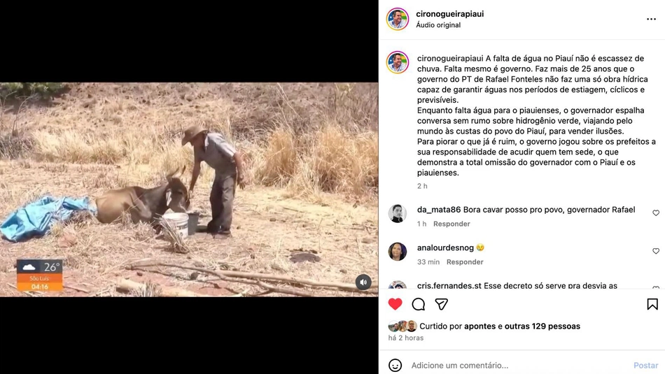 Publicação de Ciro Nogueira em suas redes sociais