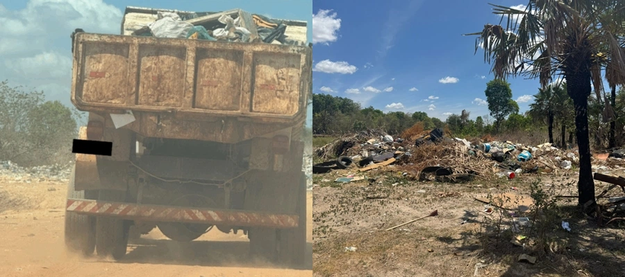 Caminhão despejando resíduos em lixão interditado