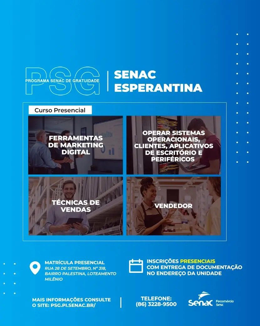 Senac abre inscrições para cursos gratuitos em Esperantina