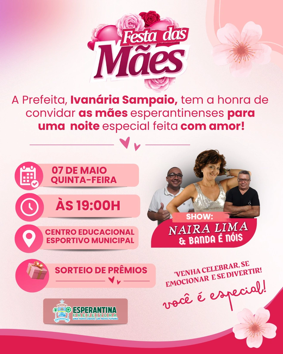 Prefeitura de Esperantina promove festa em celebração ao Dia das Mães nesta quinta-feira