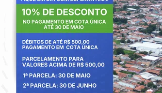 Prefeitura de Esperantina anuncia prazos e descontos para o pagamento do IPTU 2026