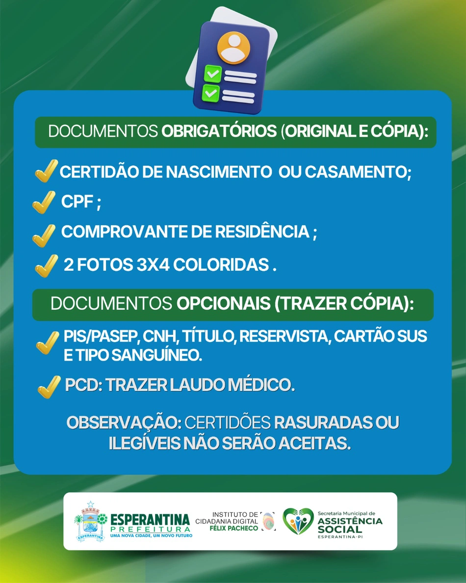 Prefeitura de Esperantina realiza mutirão gratuito para emissão da Carteira de Identidade