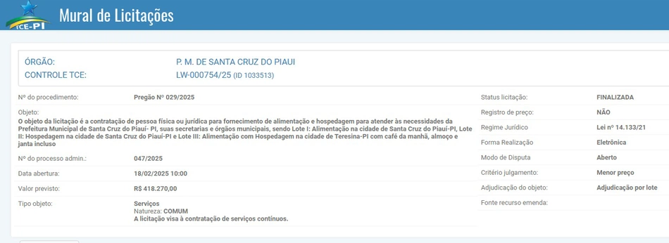 Pregão Eletrônico da Prefeitura de Santa Cruz do Piauí