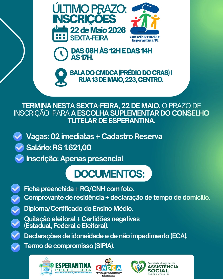 Conselho Tutelar de Esperantina-PI encerra inscrições para escolha suplementar nesta sexta-feira (22)