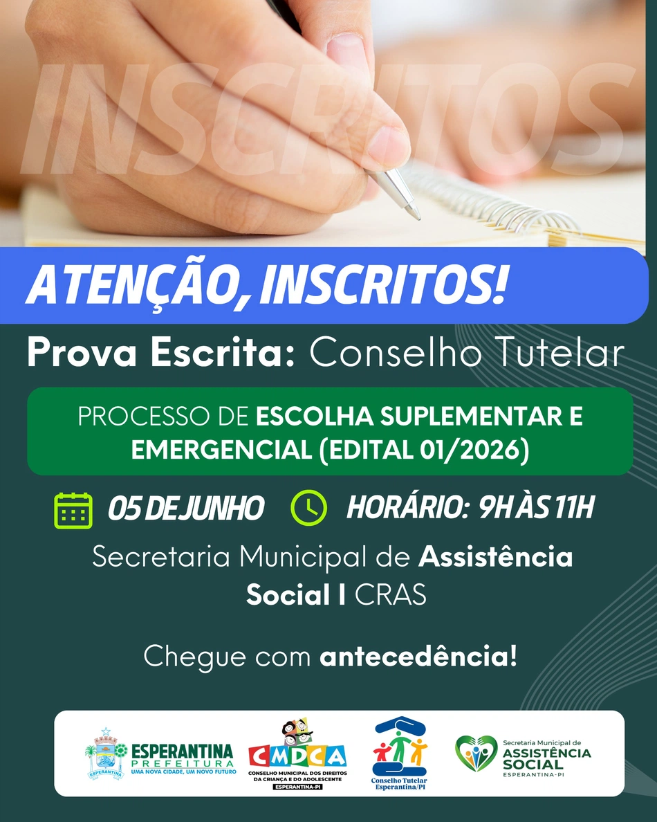 Prefeitura de Esperantina anuncia data e local da prova escrita do processo de escolha para o Conselho Tut