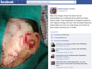 Suposta foto da vítima foi postada por agressora em uma rede social(Imagem:Reprodução/Facebook) Suposta foto da vítima foi postada por agressora em uma rede social(Imagem:Reprodução/Facebook)