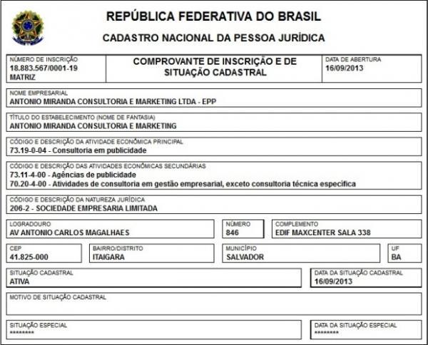 Cadastro da empresa na Receita Federal(Imagem:Reprodução)