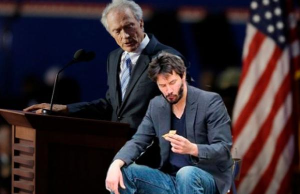 Em uma das montagens, o ator Keanu Reeves está sentado na cadeira(Imagem:Reprodução) Em uma das montagens, o ator Keanu Reeves está sentado na cadeira(Imagem:Reprodução)