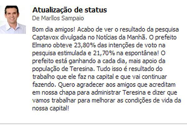 Marllos Sampaio no Facebook(Imagem:Reprodução) Marllos Sampaio no Facebook(Imagem:Reprodução)