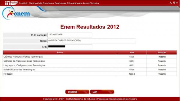 Resultado ENEM 2012.(Imagem:Reprodução) Resultado ENEM 2012.(Imagem:Reprodução)