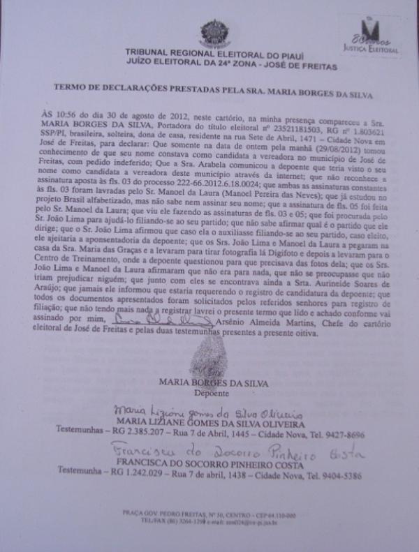 Termo de declarações de Maria Borges da Silva(Imagem:Reprodução) Termo de declarações de Maria Borges da Silva(Imagem:Reprodução)