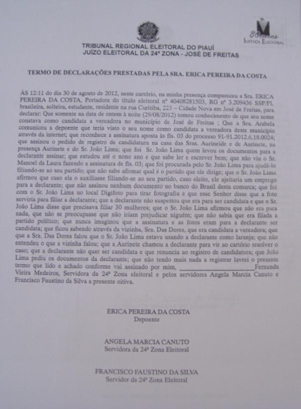 Termo de declarações prestadas por Erica Pereira da Costa(Imagem:Reprodução) Termo de declarações prestadas por Erica Pereira da Costa(Imagem:Reprodução)