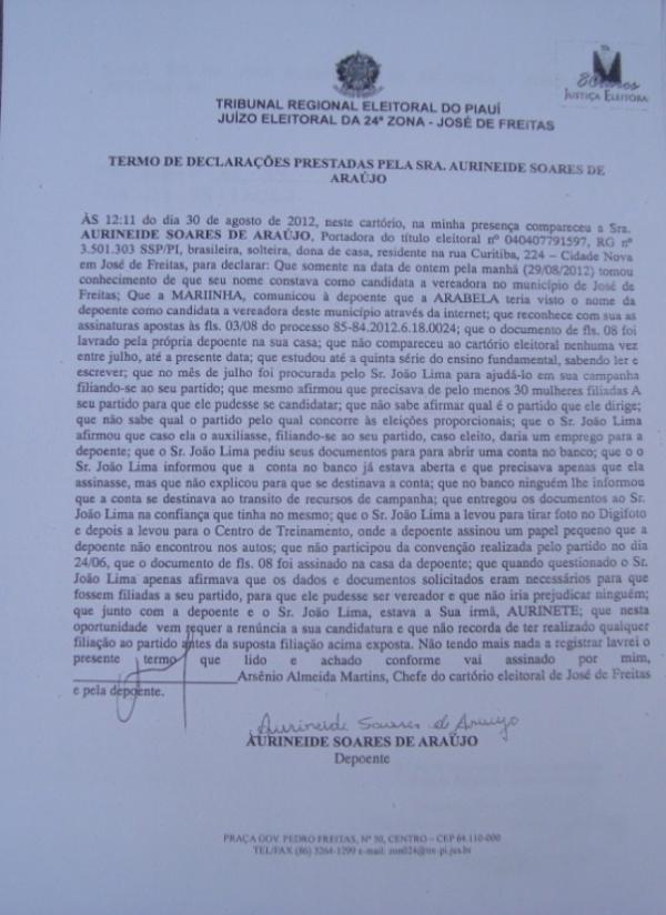 Termo de declarações prestado por Aurineide Soares de Araújo(Imagem:Reprodução) Termo de declarações prestado por Aurineide Soares de Araújo(Imagem:Reprodução)